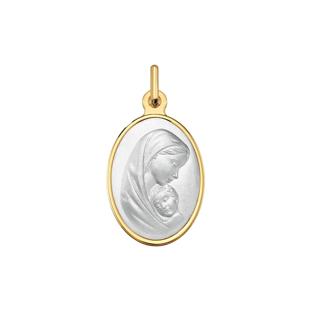 medalla de virgen con niño en oro bicolor - colgante de comunion disponible para comprar en joyería marga mira